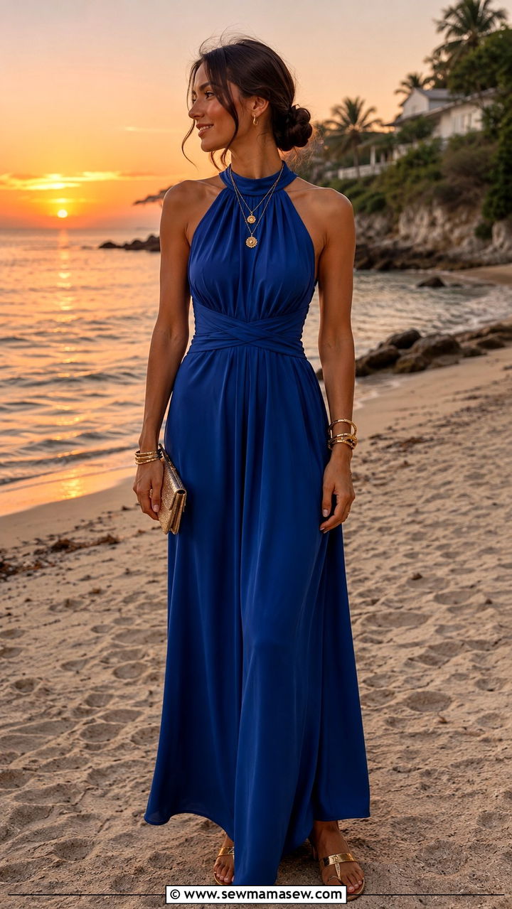 Halter Neck Maxi Dress With Gold Jewelry - 30 chic summer wedding guest outfits for women