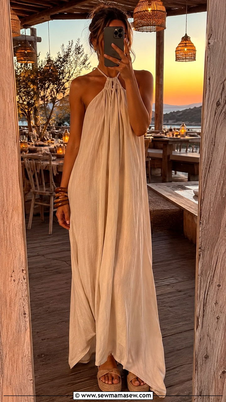 Halter Neck Maxi Dress With Stacked Bracelets - 25 boho chic outfits aesthetic