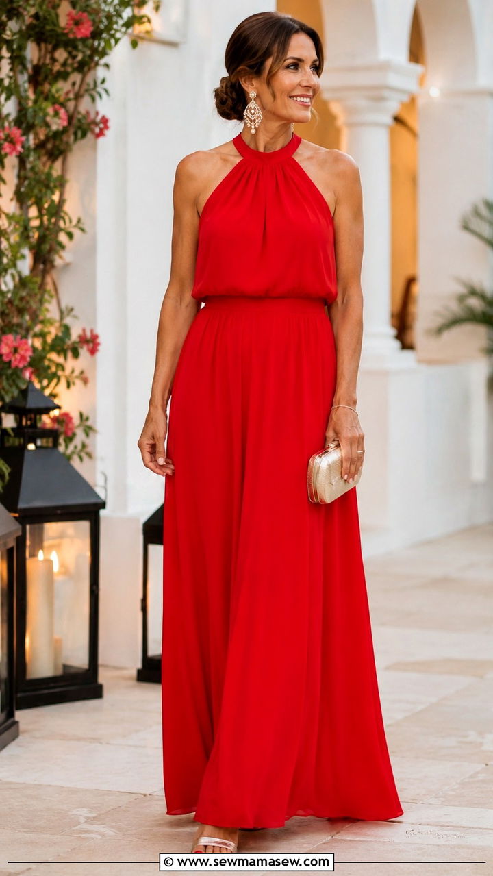 Halter Neck Maxi Dress With Statement Earrings - 30 maxi dress outfits for women over 40