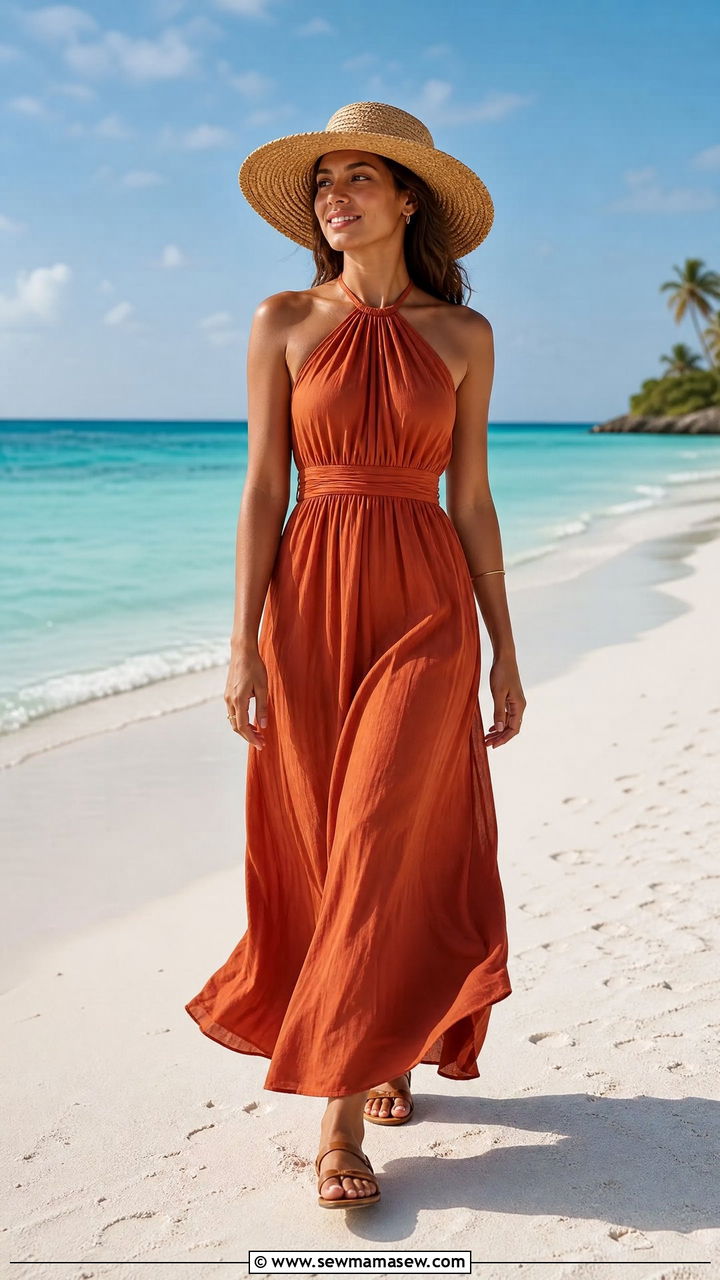 Halter Neck Maxi Dress With Straw Hat - 40 Maldives outfit ideas