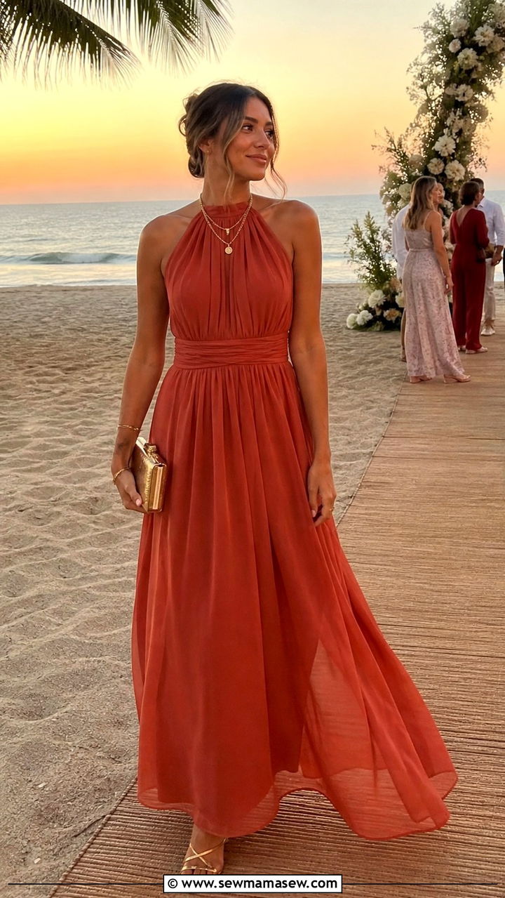 Halter Neck Maxi Dress with Gold Jewelry - 40 Wedding guest outfit ideas