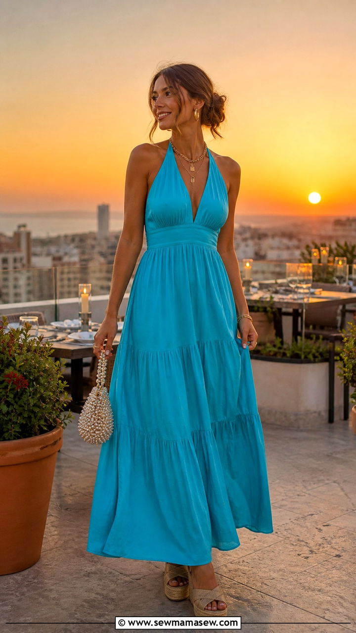 Halter Neck Maxi Dress with Wedge Espadrilles and Gold Jewelry - 40 summer cute outfit ideas