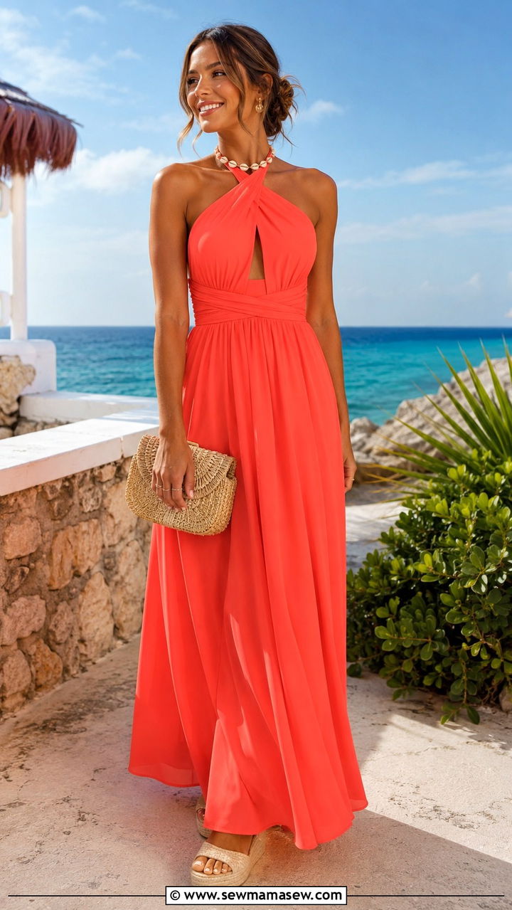 Halter Neck Maxi Dress with Wedge Espadrilles - 25 Wedding guest outfit ideas for college girls