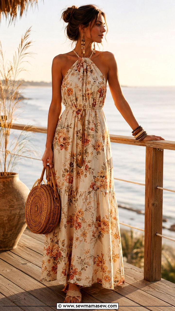 Halter Neck Maxi Dress with Woven Accessories - 30 classy boho chic outfits