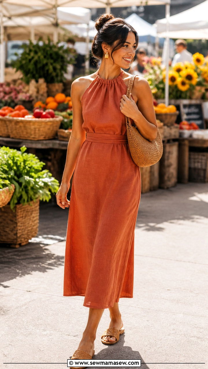 Halter Neck Midi Dress And Woven Slide Sandals Outfit - 40 Spring farmers market outfits