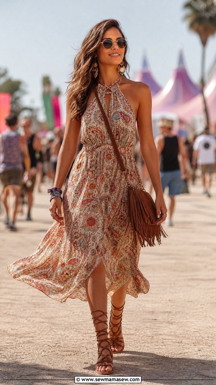 Halter Neck Midi Dress With Flat Gladiator Sandals - 30 Midi dress with sandals outfit ideas