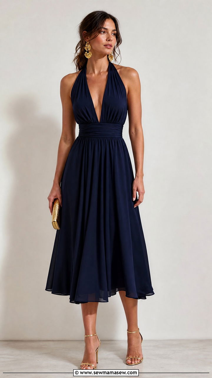 Halter Neck Midi Dress With Statement Earrings - 25 Outfits for wide shoulders