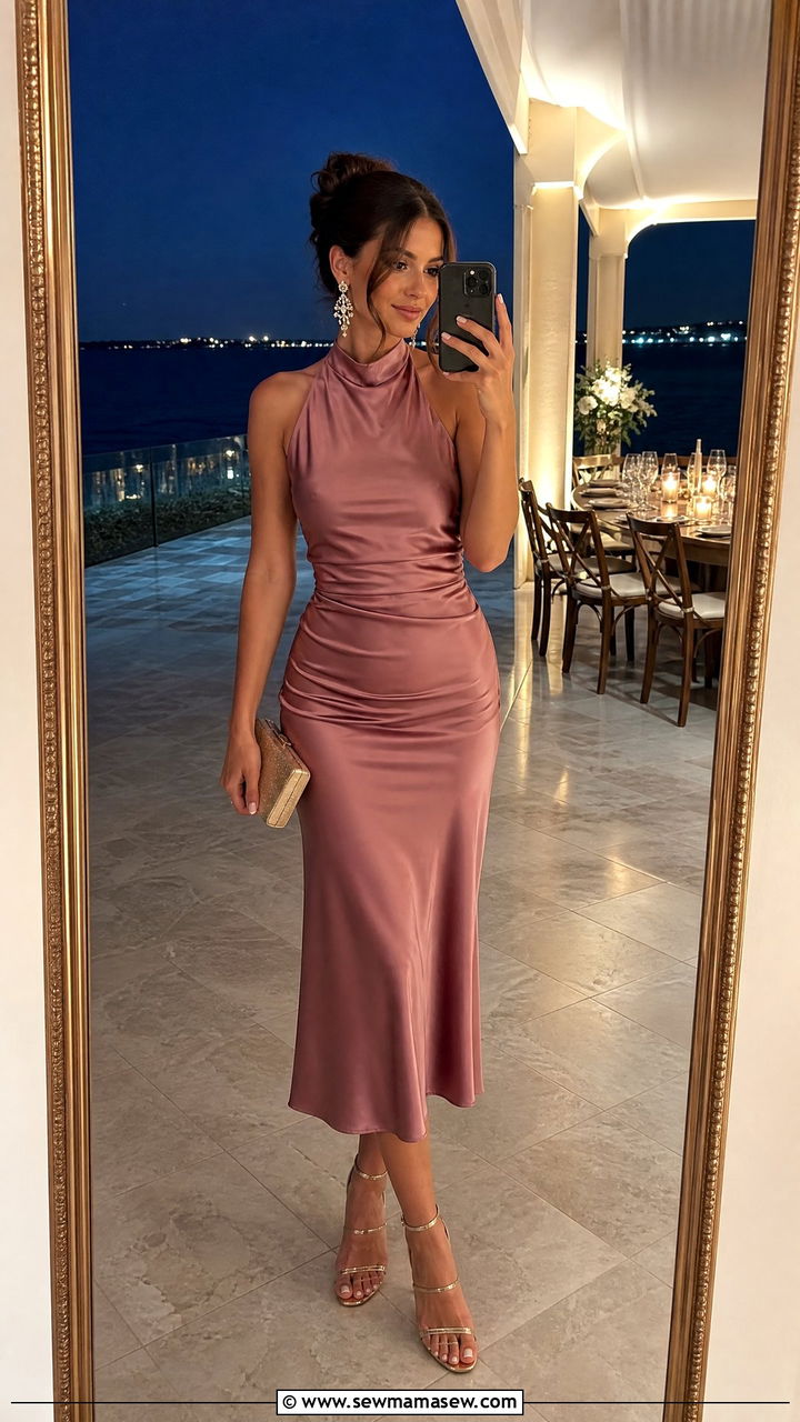 Halter Neck Satin Midi Dress With Open Toe Heels - 30 Cocktail wedding guest outfits