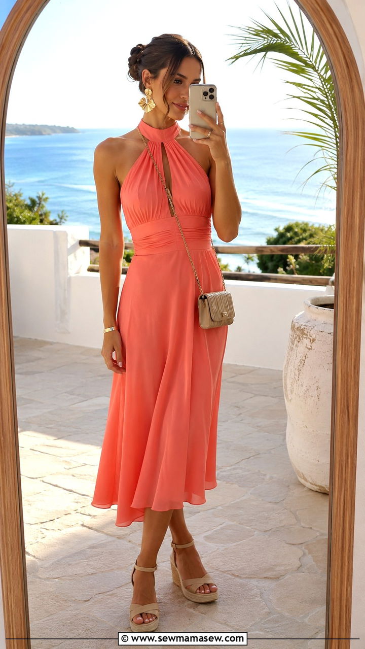 Halter Neck Tea Length Dress With Wedge Sandals - 20 Wedding guest outfit ideas tea length dress
