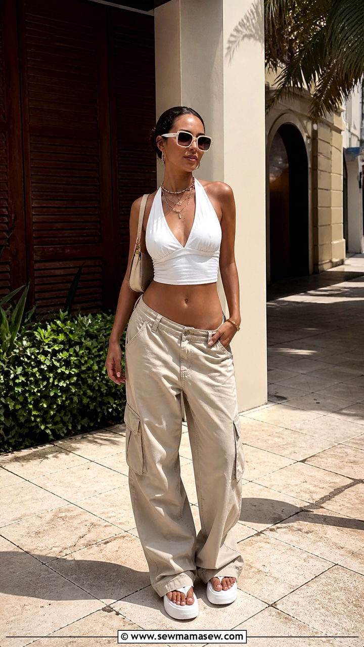 Halter Neck Top Low Rise Cargo Outfit - 40 Y2K outfits