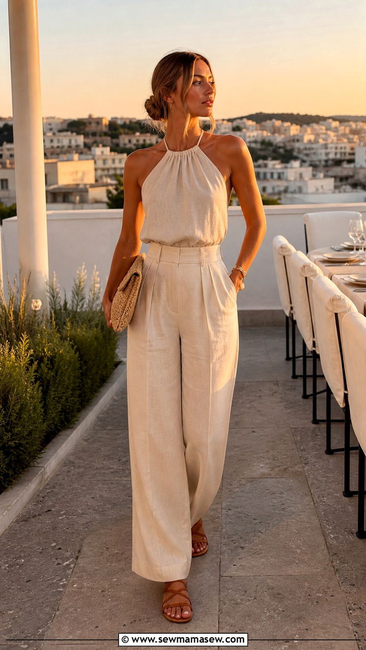 Halter Neck Top With High Waisted Wide Leg Trousers - 40 summer scandinavian outfits