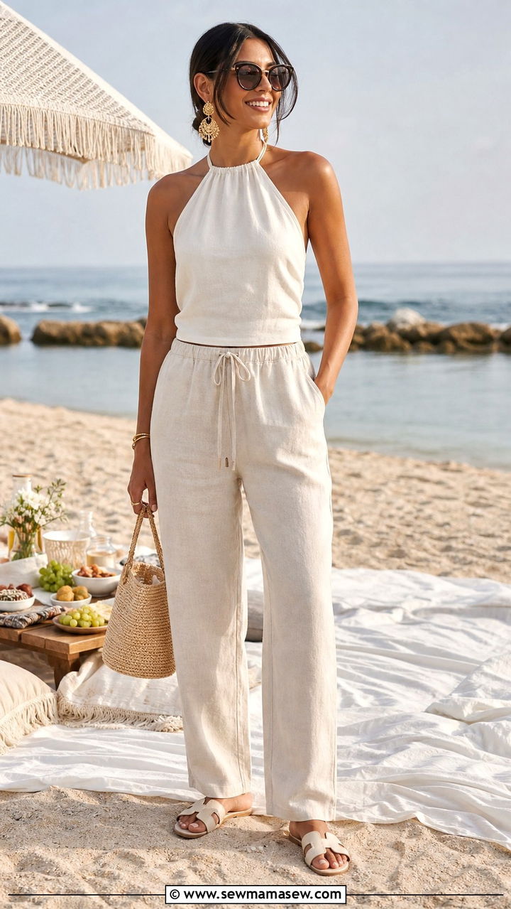 Halter Neck Top with Drawstring Linen Pants Spring Picnic Look - 40 Spring picnic outfits