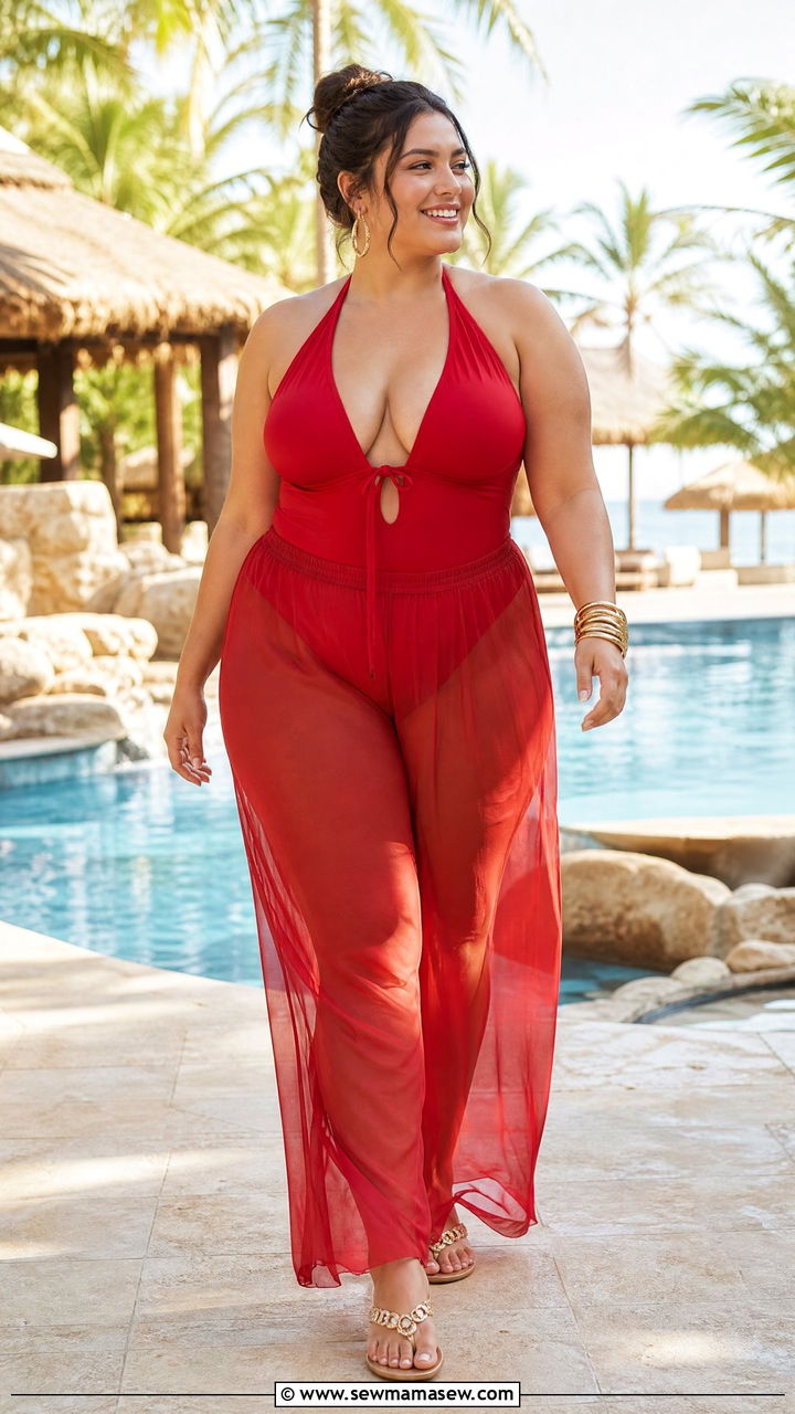 Halter One Piece Swimsuit With Sheer Beach Pants - 30 plus size beach vacation outfit ideas