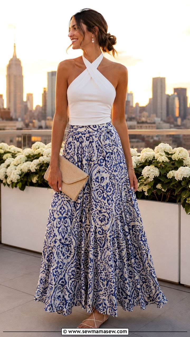 Halter Top With Flowy Maxi Skirt - 30 Rooftop brunch outfit ideas