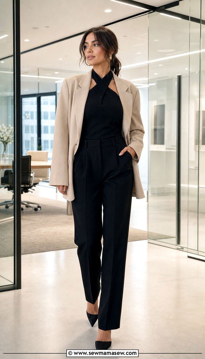 Halter Top With Tailored Trousers and Blazer - 25 summer halter top outfit ideas