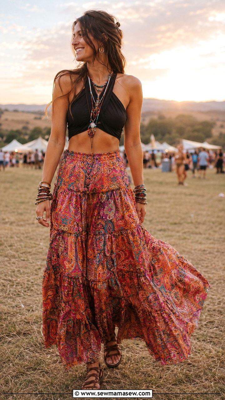 Halter Wrap Top With a Gypsy Maxi Skirt - 25 Boho outfit ideas 60s style