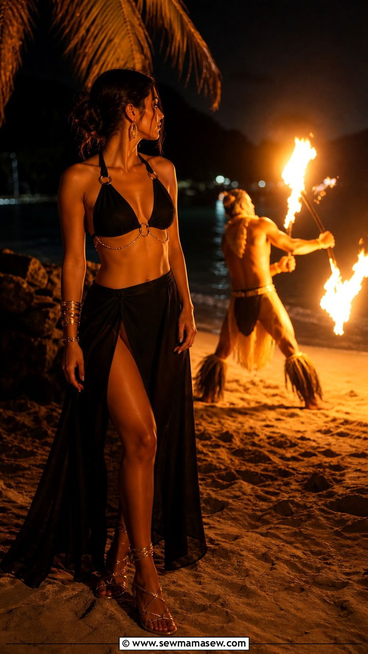Halter bikini top and maxi skirt outfit for Fiji fire dancing show - 40 What to wear in Fiji