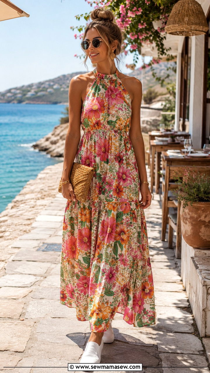 Halter maxi dress with slip on sneakers - 30 Maxi dress with sneakers outfit ideas