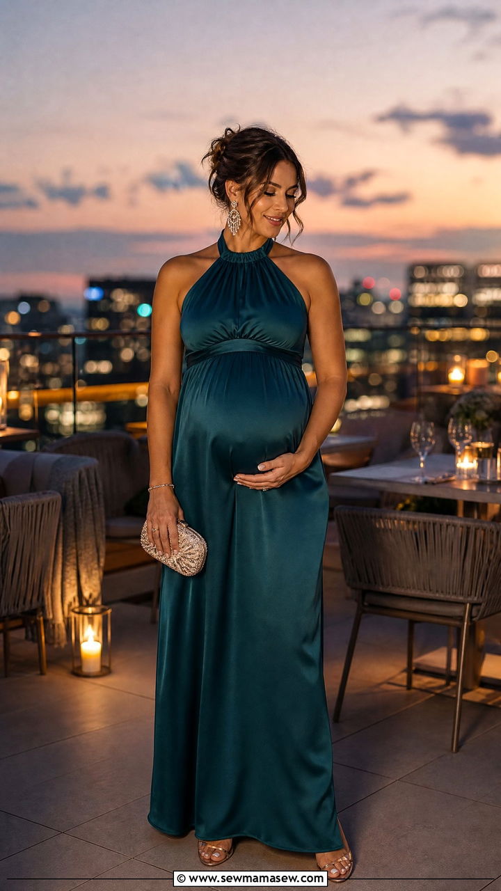 Halter maxi maternity dress for evening dinner - 30 Maternity outfit ideas for vacation