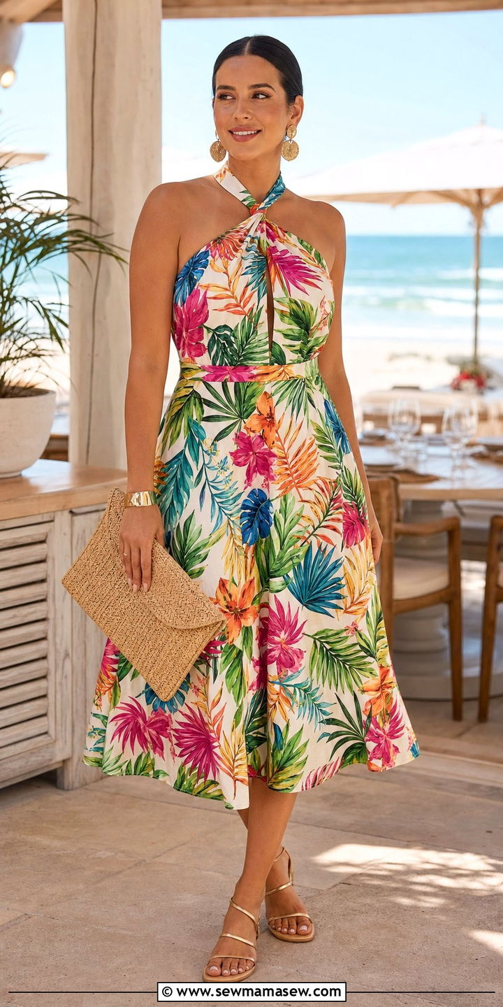 Halter neck A line dress brunch outfit - 35 Brunch outfits for pear shape