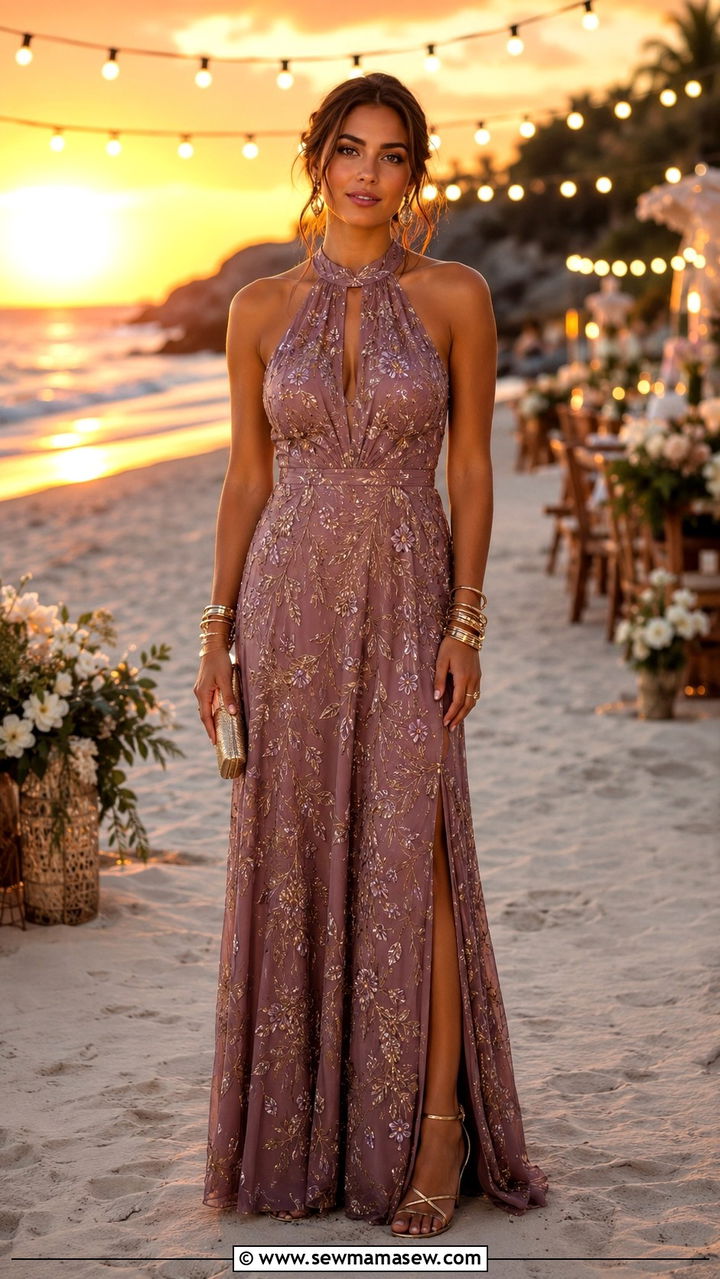 Halter neck embroidered gown with gold accessories beach formal - 25 Beach formal wedding guest outfit ideas