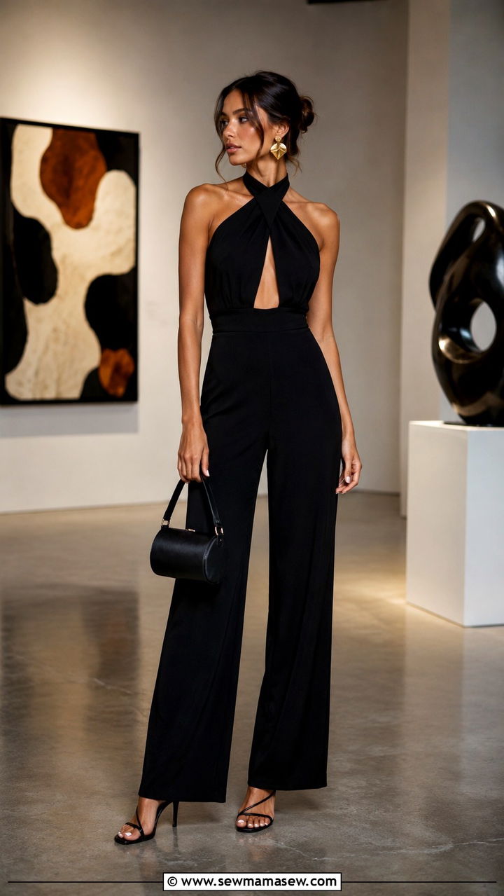Halter neck jumpsuit with sculptural earrings - 30 chic birthday outfits for women