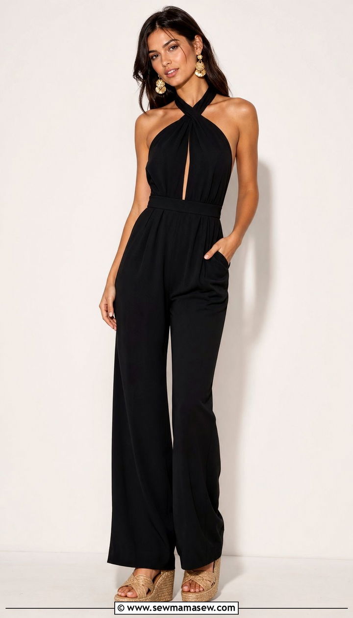 Halter neck jumpsuit with wedge sandals and statement earrings - 25 summer outfits for hourglass body
