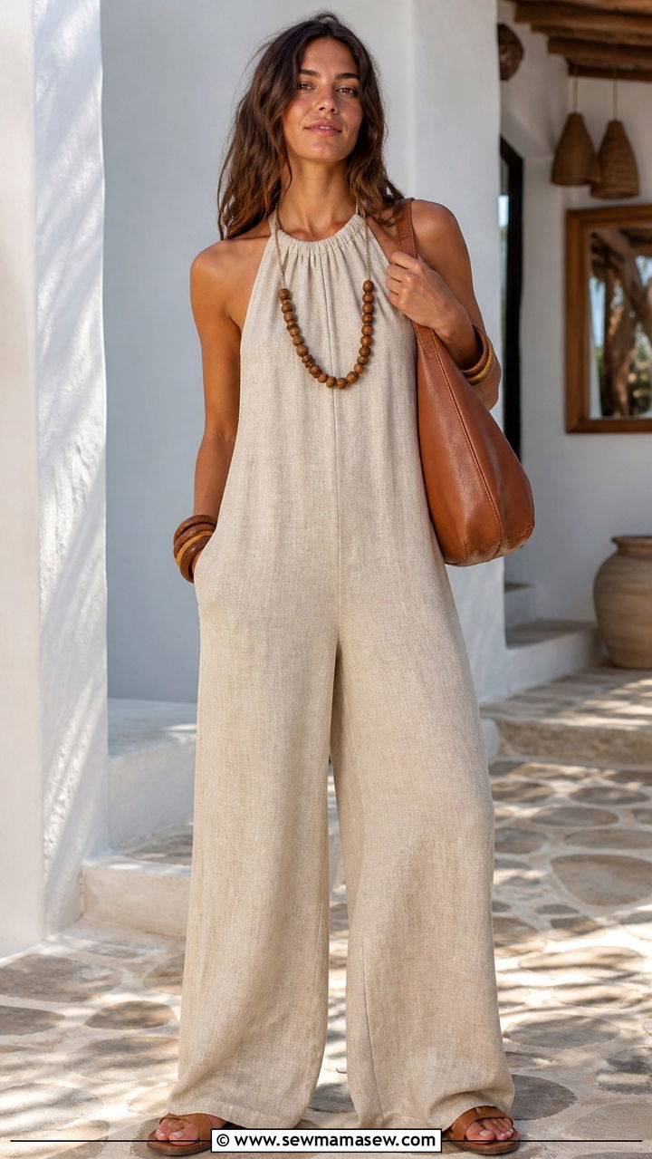 Halter neck linen jumpsuit with wooden accessories for Mykonos - 40 What to wear in Mykonos