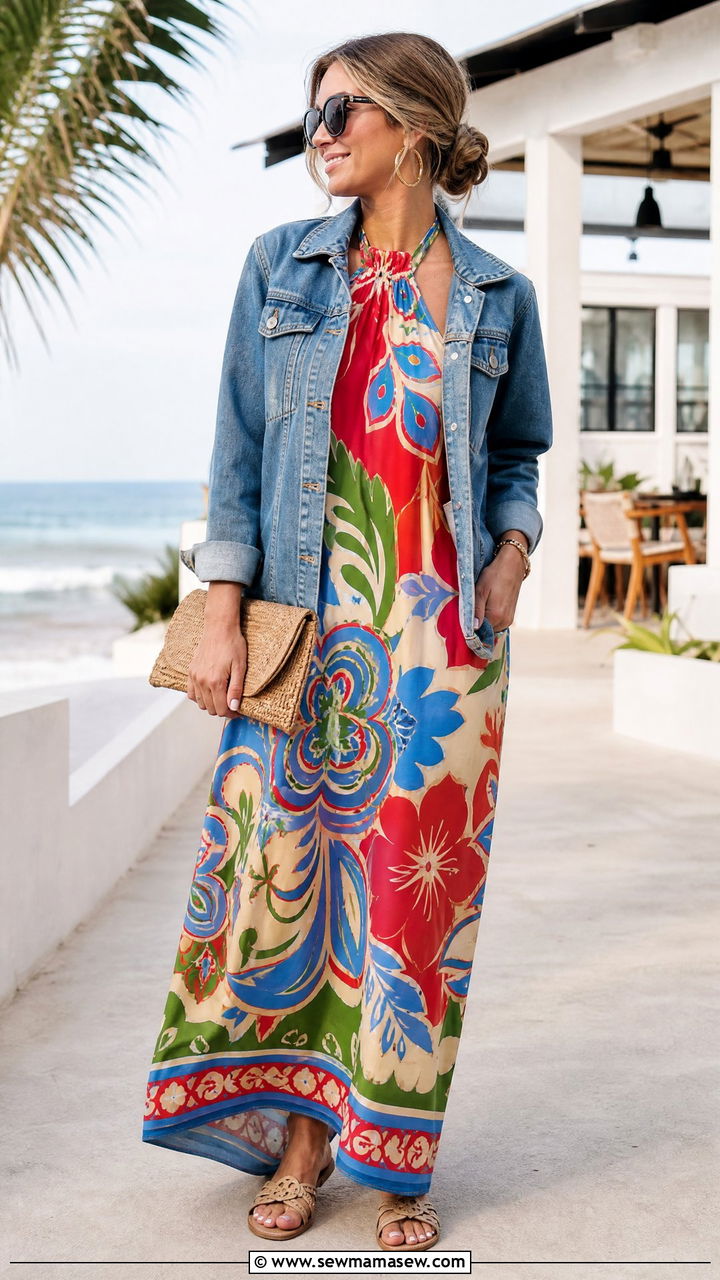 Halter neck maxi dress with denim jacket outfit - 30 Maxi dress outfit ideas with a denim jacket