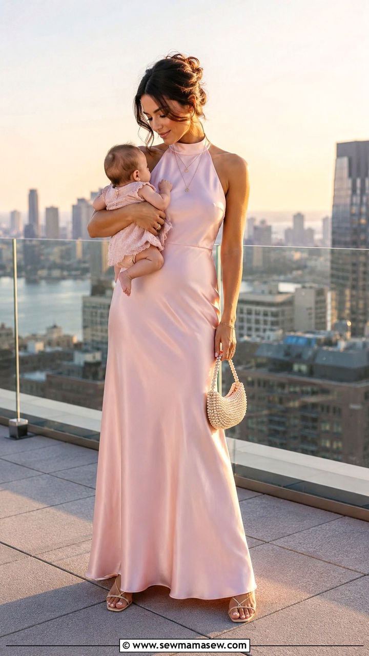 Halter neck maxi dress with layered necklace - 25 wedding guest outfits for new moms