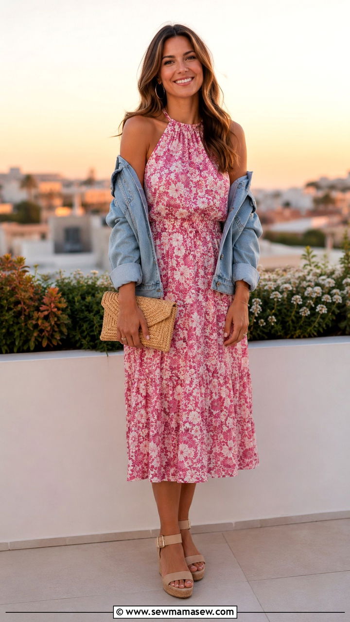 Halter neck midi dress with a denim jacket and wedge sandals - 30 Midi dress outfit ideas with a denim jacket