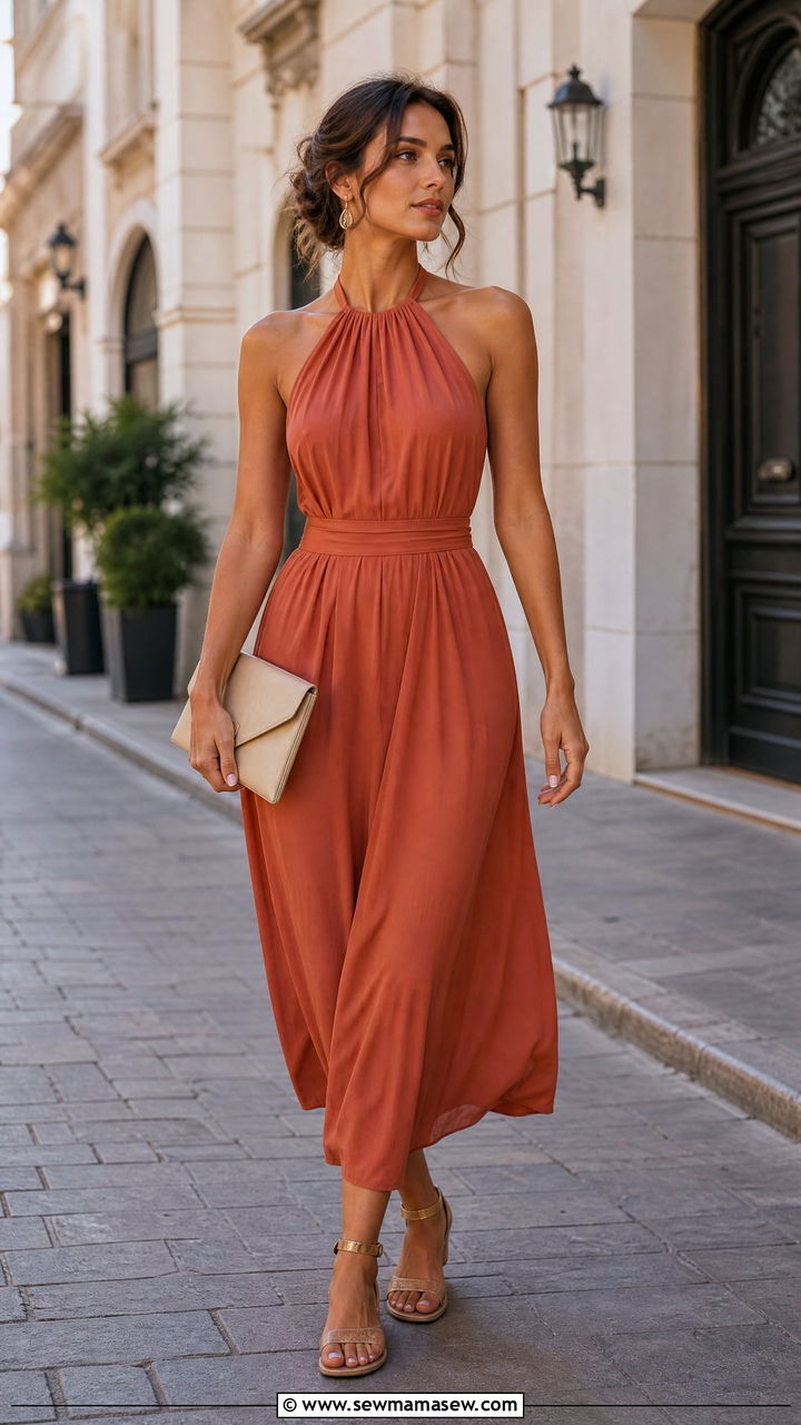 Halter neck midi dress with flat sandals city break outfit - 30 summer city break outfit ideas
