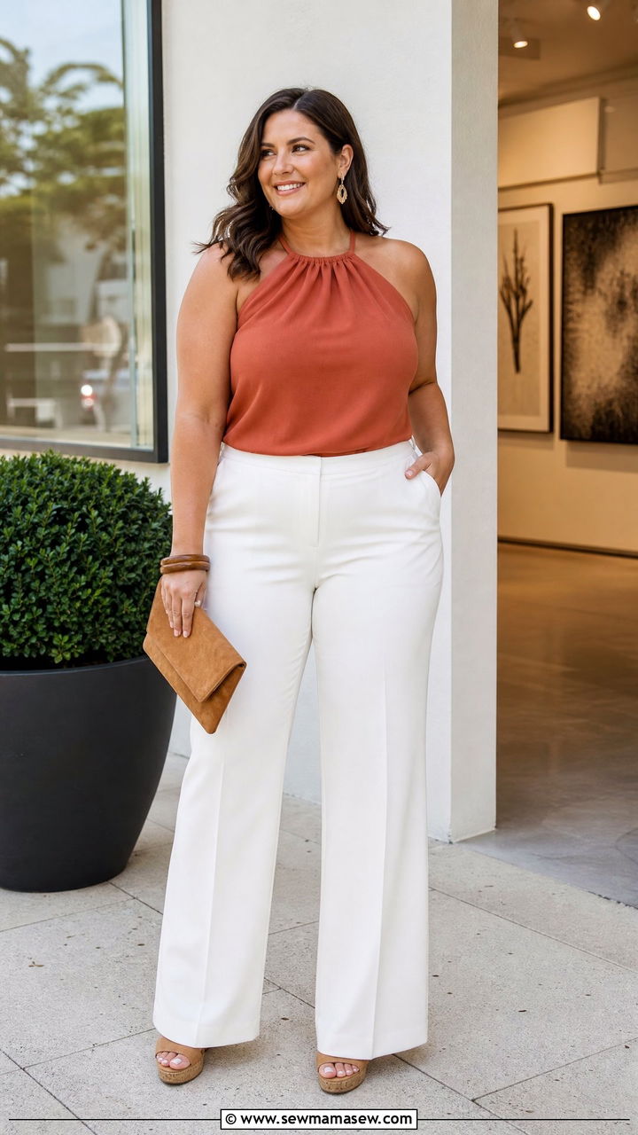 Halter neck tank and white wide leg trousers - 30 Summer outfits for midsize women