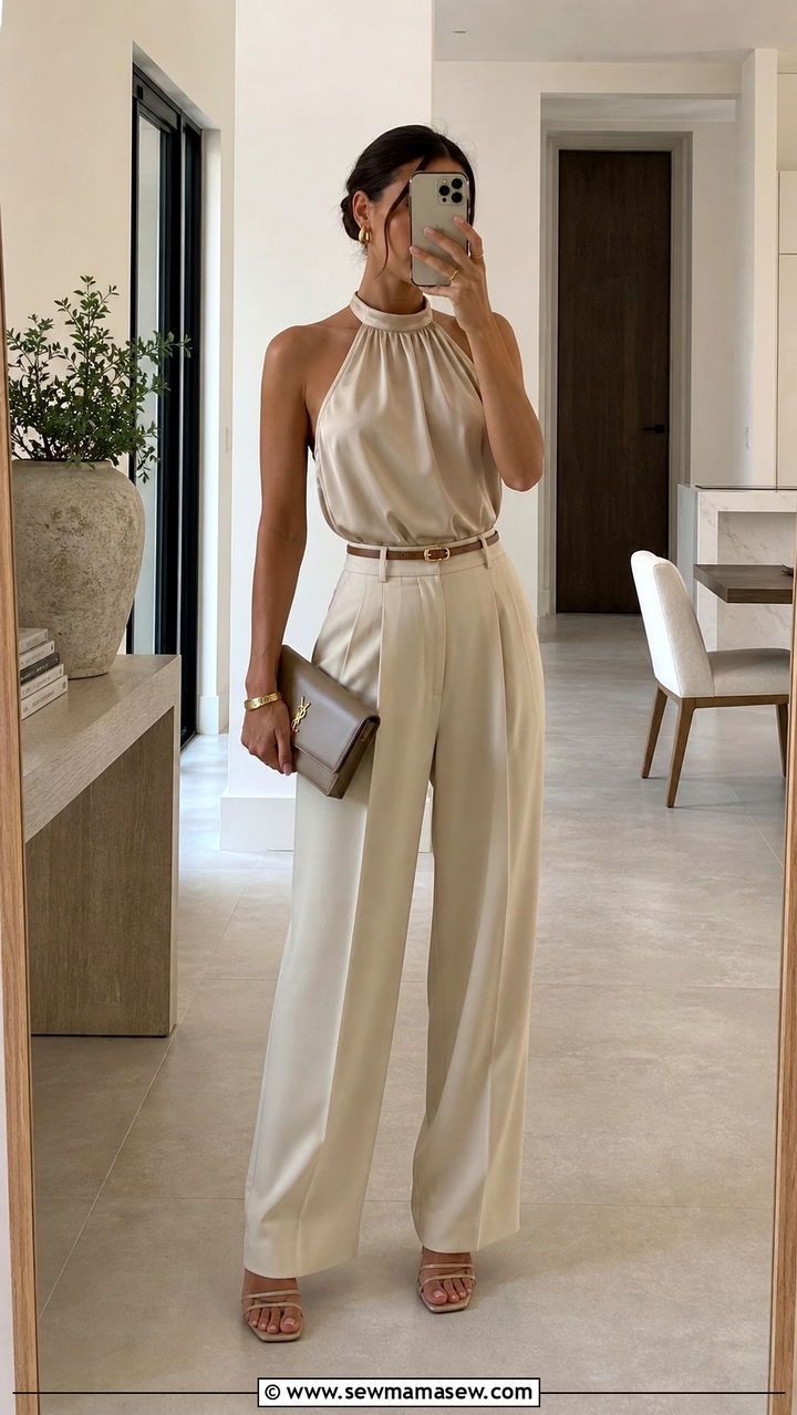 Halter neck top with high waisted wide leg trousers and heeled sandals - 40 What to wear in summer