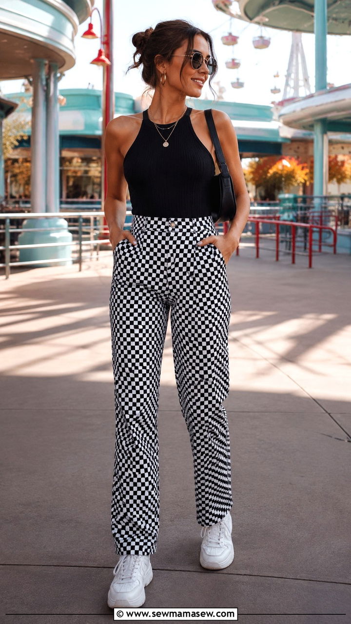 Halter top with checkered pants outfit - 30 theme park outfit ideas