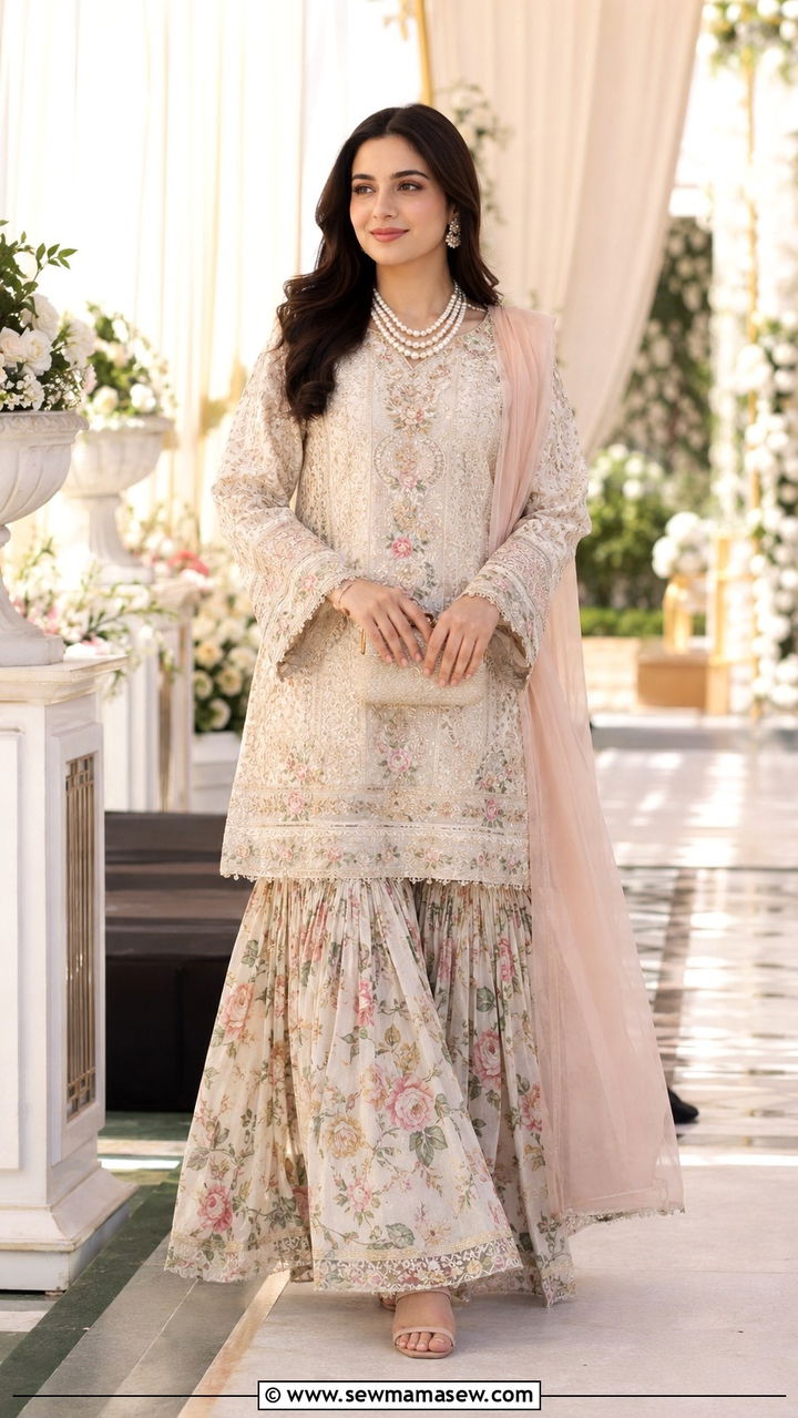 Hand embroidered kurti with self printed gharara for Walima - 25 Wedding guest outfit ideas Walima ceremony