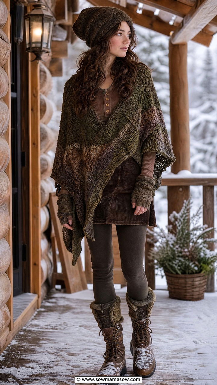 Hand knit poncho and corduroy skirt with leggings and fur lined boots - 30 Goblincore outfit ideas
