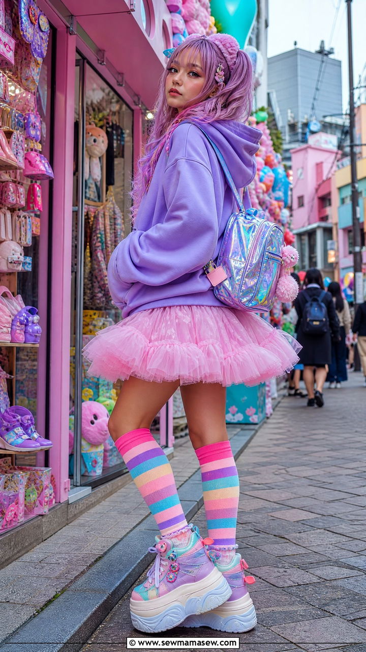 Harajuku Inspired Pastel Hoodie with Tutu Skirt and Striped Socks Outfit - 35 maximalist outfits aesthetic