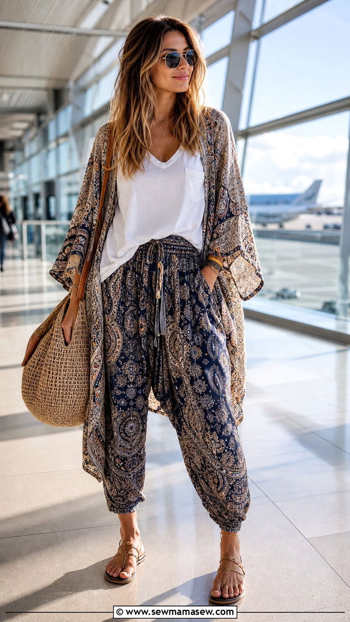 Harem pants with relaxed tee and kimono - 35 Airport outfits for long flights