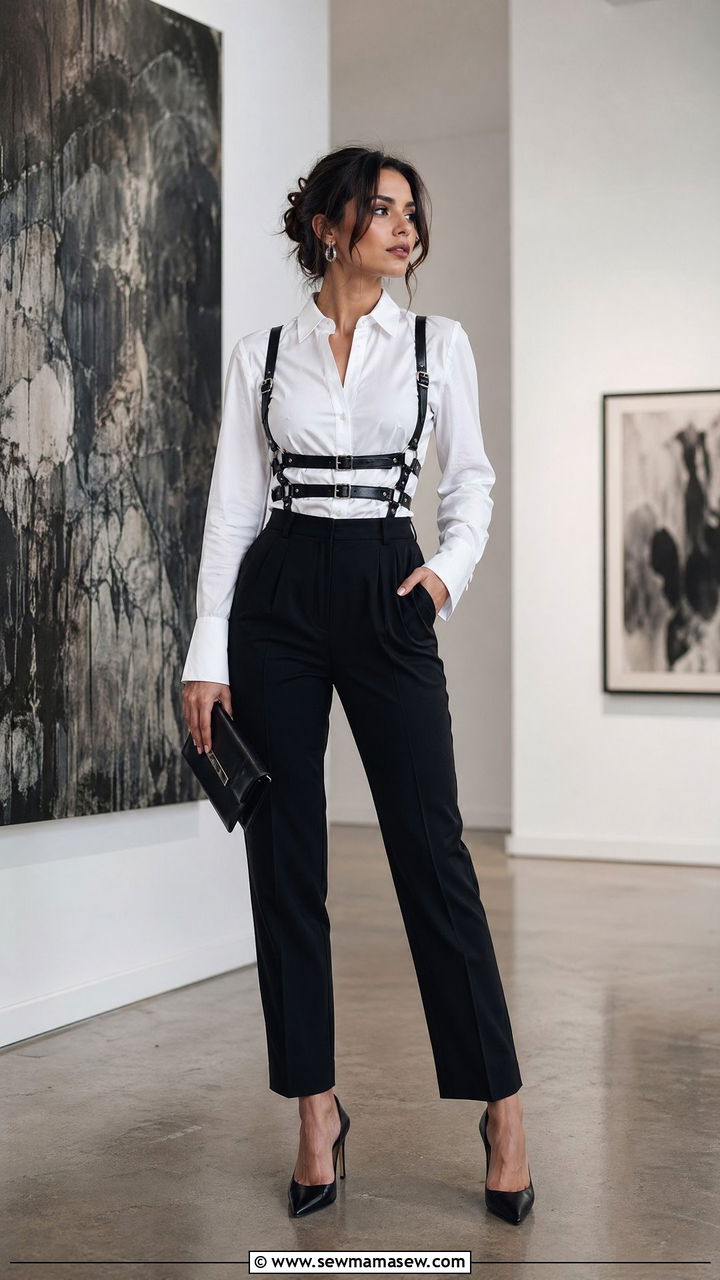 Harness Belt Over Button Down and Trousers Outfit - 35 Edgy outfit ideas