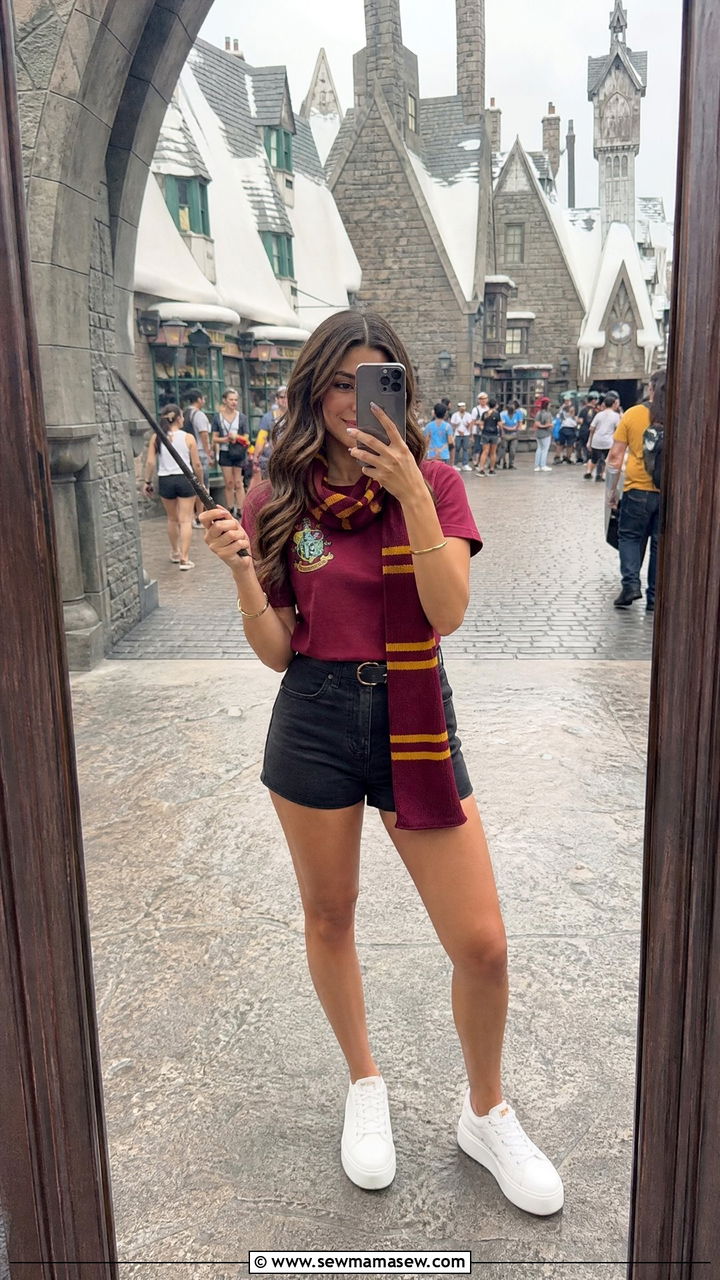 Harry Potter House Tee with Black Shorts and a Gryffindor Scarf - 30 Universal Studios Hollywood outfit ideas
