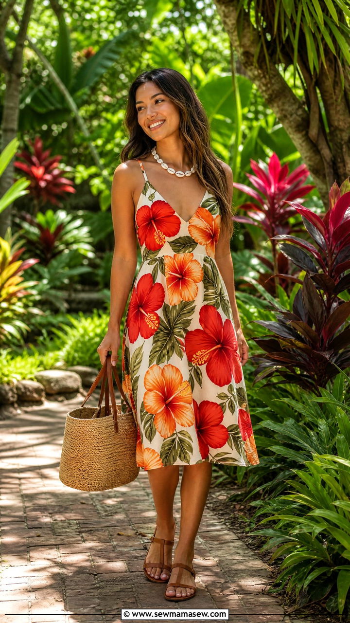 Hawaiian Print Sundress With Straw Tote Bag Hawaii Day Outfit - 30 Hawaii packing list outfits