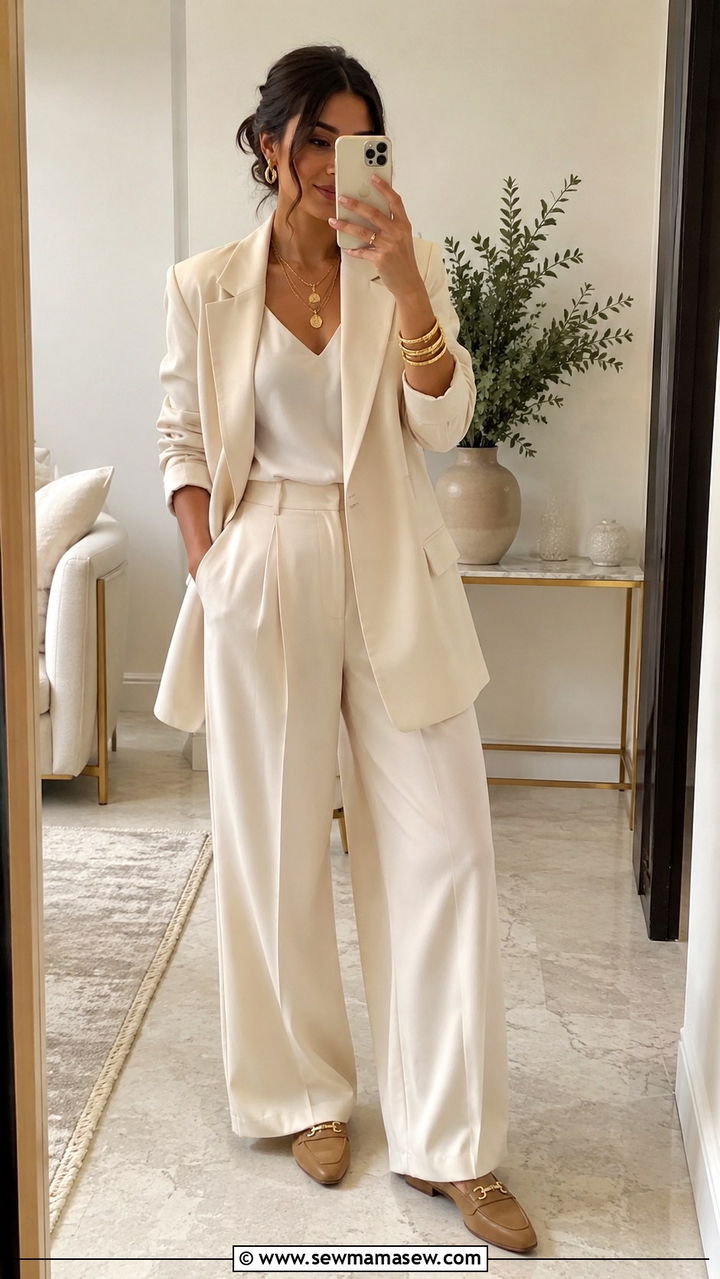 Head To Toe Cream Suiting With Gold Jewelry And Loafers Outfit - 30 casual glamoratti outfits