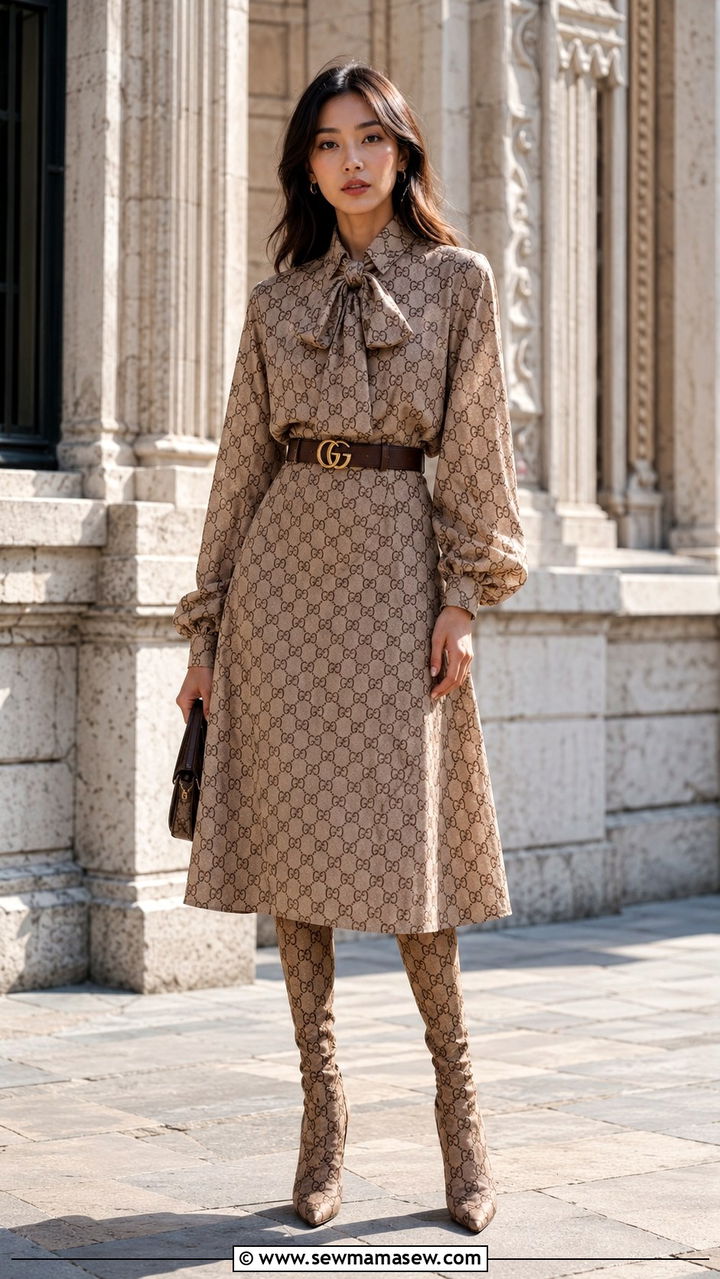 Head to Toe Gucci Monogram Pussybow Blouse With Midi Skirt - 20 Quiet luxury outfit ideas Gwyneth Paltrow
