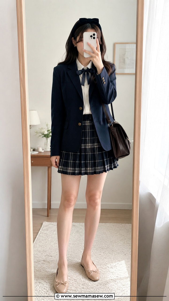 Headband with bow detail paired with blazer and skirt outfit - 30 School uniform hacks outfit ideas