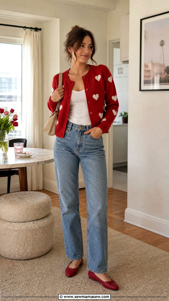Heart Print Cardigan With Straight Leg Jeans - 30 Galentine's Day outfit ideas