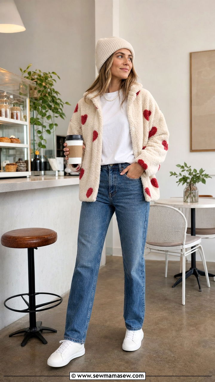 Heart Print Sherpa Jacket With Classic Denim - 25 cute outfits inspo