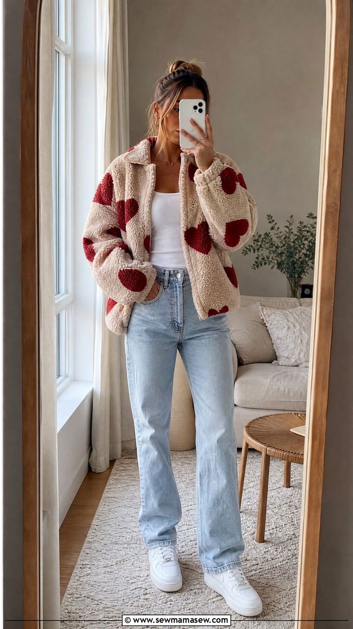 Heart Print Sherpa Jacket With Straight Jeans - 25 cute fashion inspo outfits