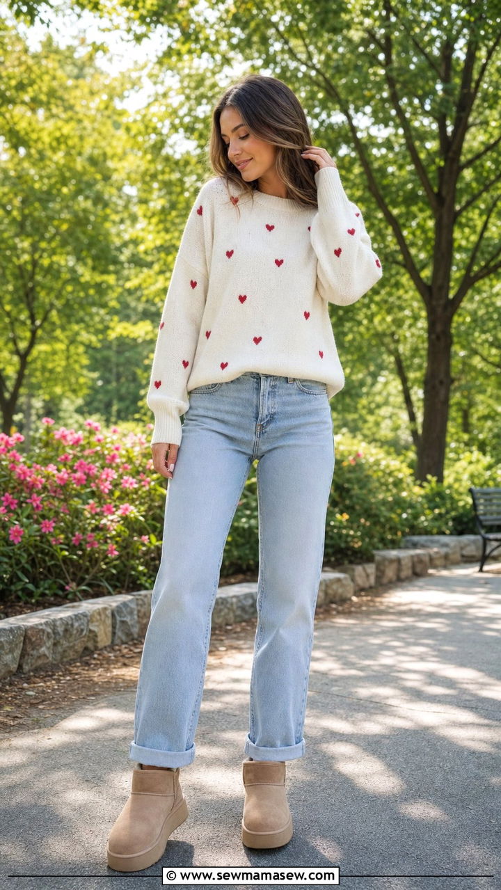 Heart Print Sweater with Denim and Uggs - 25 cute romantic outfits