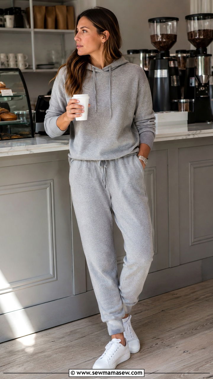 Heather Gray Cashmere Jogger Set With White Sneakers - 20 Old money loungewear outfit ideas